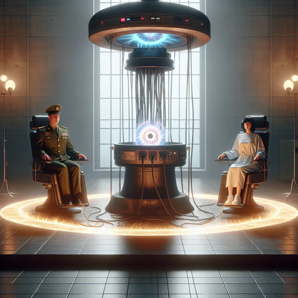 As the AI cannot see the image, the concise description for the image would be as follows:

"A dimly lit room with a large machine, the Soul Exchanger, at its center. Two medical chairs are equipped with restraints, standing on either side of the machine. Air Chief Marshal Trevor Maloney and Francesca Lucchini, a young witch, sit in the chairs. The room is filled with a whirlpool of mystical and electrical energies as the transfer begins."