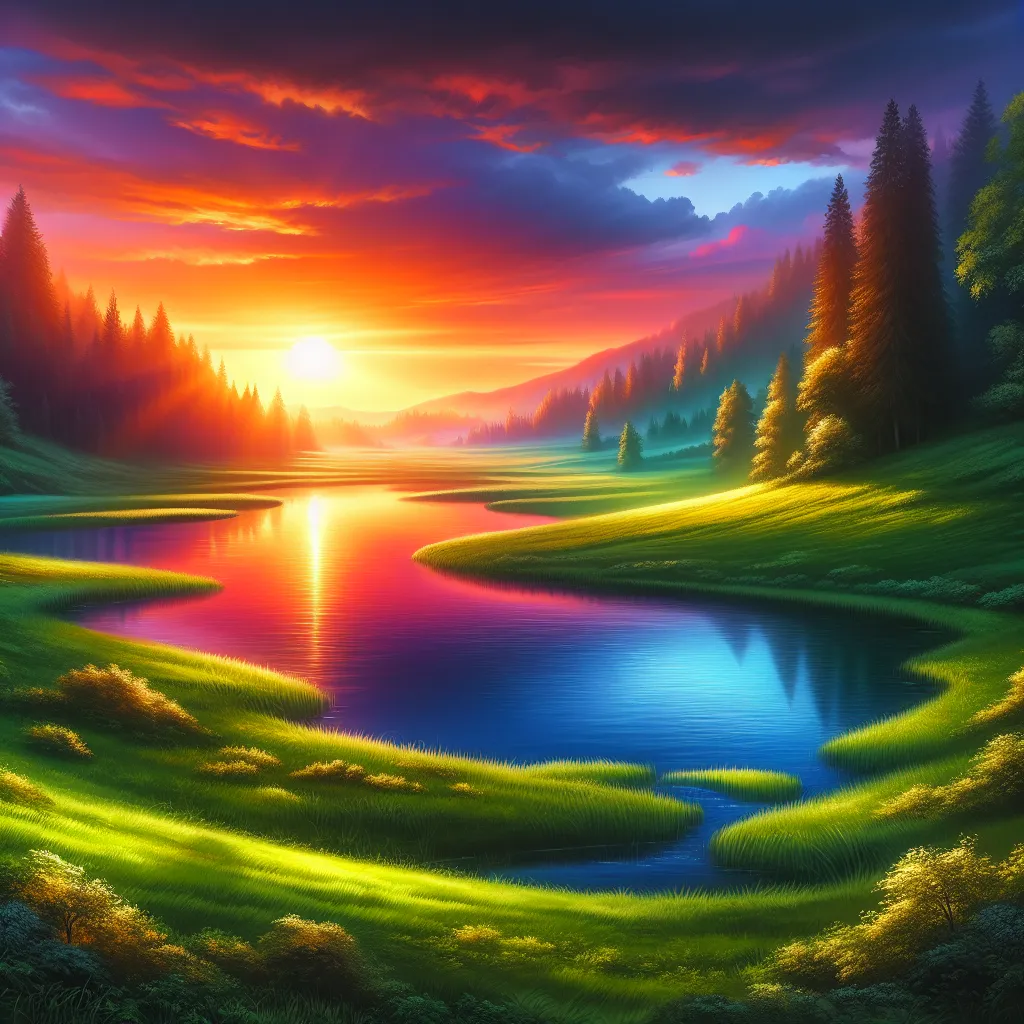 A serene landscape with a vibrant sunset illuminating a peaceful lake surrounded by lush green meadows.