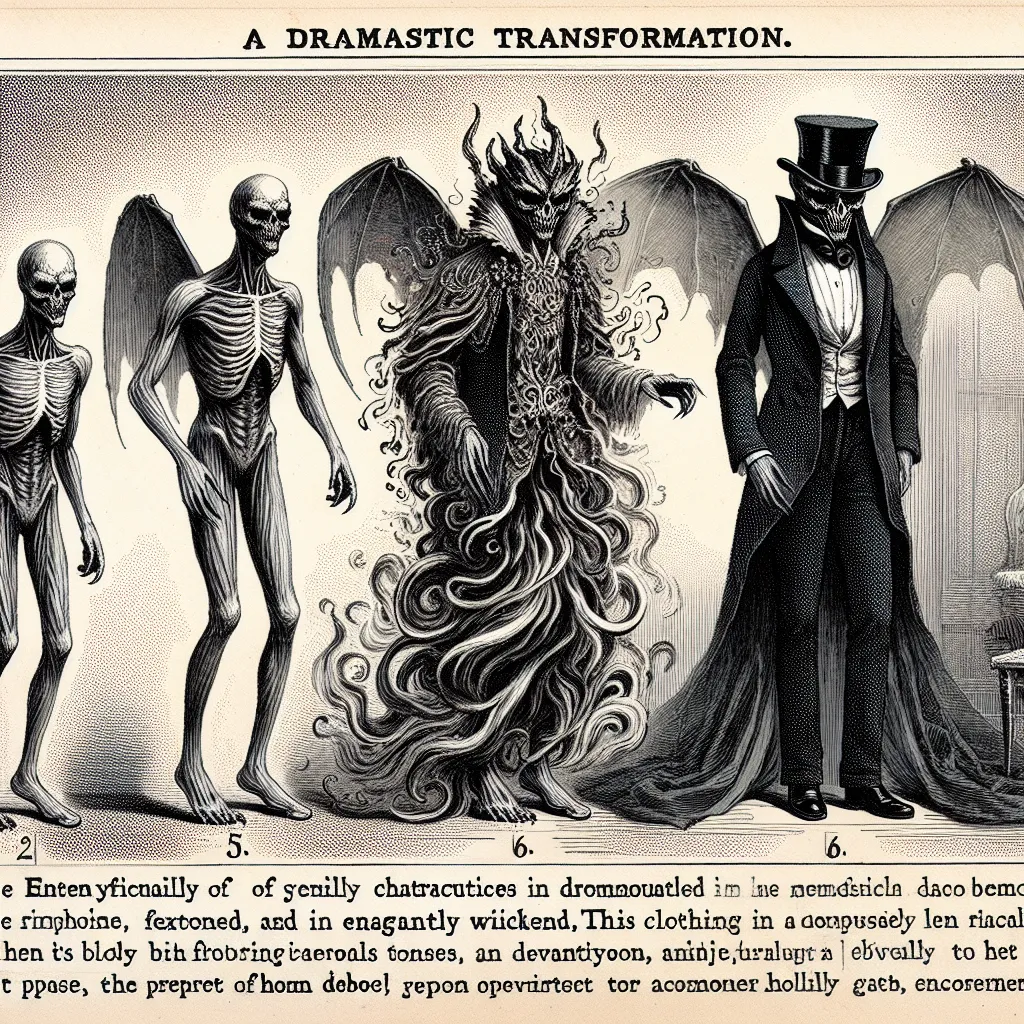 A person undergoes a transformation from a malevolent Radio Demon to an ordinary human. They change appearance, gender (if applicable), and gain weight (if applicable). Their clothes instantly change from elegant demonic attire to everyday comfortable clothes. In the end, they find themselves back in their familiar room, feeling serene and ready to resume their ordinary human life.