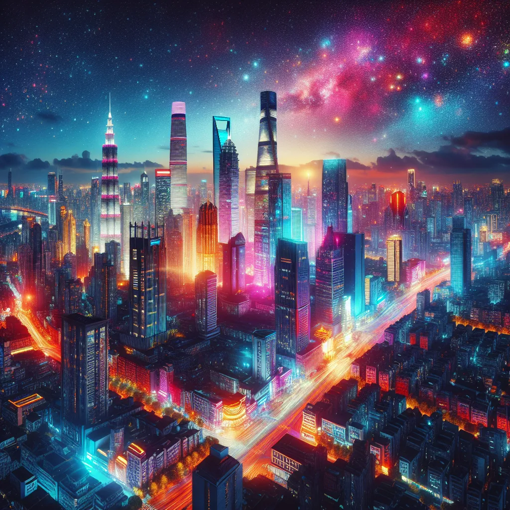 A vibrant cityscape at night, illuminated by a breathtaking display of colorful lights and towering skyscrapers, capturing the vibrant energy and bustling atmosphere of urban life.