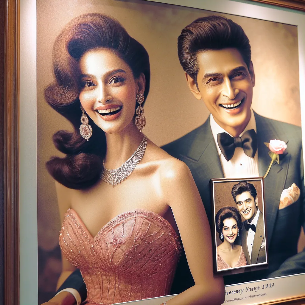 A photograph displaying a happy couple, Lisa and Mark, embracing on their anniversary celebration. They are dressed elegantly, with Lisa wearing a lovely rose-colored dress, matching lingerie, and high heel stiletto sandals. Lisa's hair is styled perfectly and she is adorned with various accessories. In the background, a framed picture of the couple can be seen. The image radiates love and joy as they celebrate their special day together.