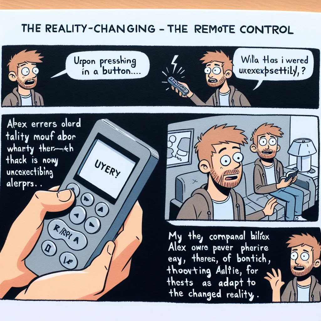 This story follows a humorous tale of mischief involving a reality-swapping remote control found by the protagonist. With a press of the button, their friend Alex gains a set of unexpected assets, leading to comical situations and banter as they navigate this new reality.
