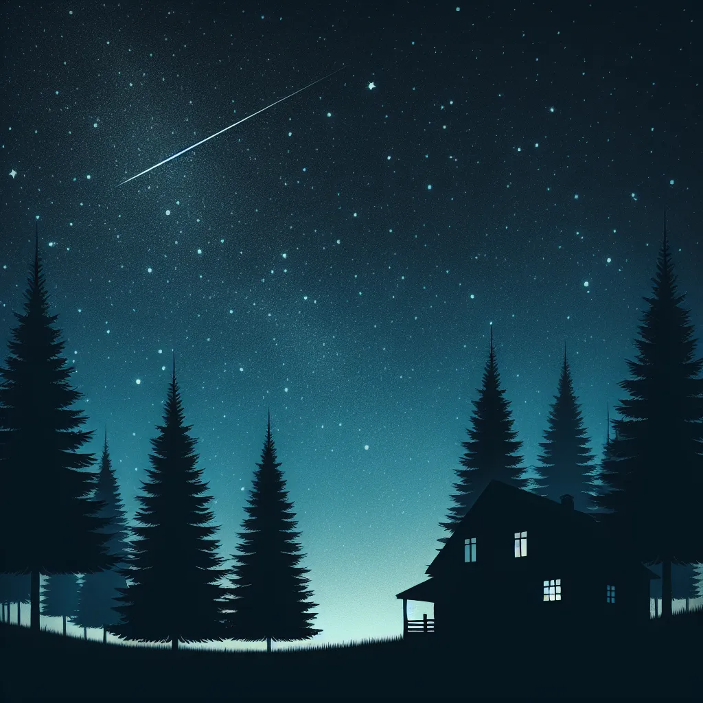 Description for the image: A silhouette of a rustic cabin nestled among tall pine trees, with a starry night sky above and a shooting star streaking across the sky.