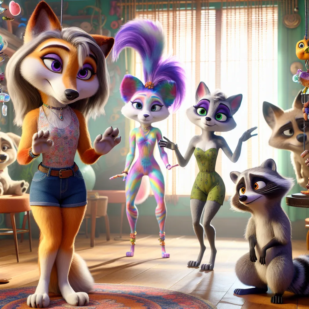 An image for a story titled "Pranks in a Trance" from *Littlest Pet Shop: A World of Our Own* featuring pets under hypnosis, showcasing characters like Jade as a dog, Roxie freezing like a statue, and Bev and Edie swapping personalities.