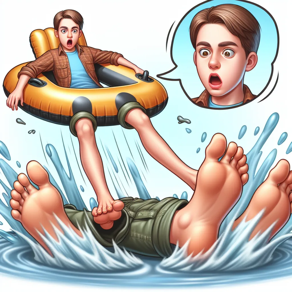 The image accompanying this story could depict a teenage boy named Peter, who has transformed into an inflatable rubber raft. The image could show Peter's astonishment and excitement as he witnesses his own transformation, capturing the moment his feet and legs begin to morph into a canotto di gomma gonfiabile. The image should convey a sense of both fear and thrill as Peter realizes his deepest desire has become a reality.