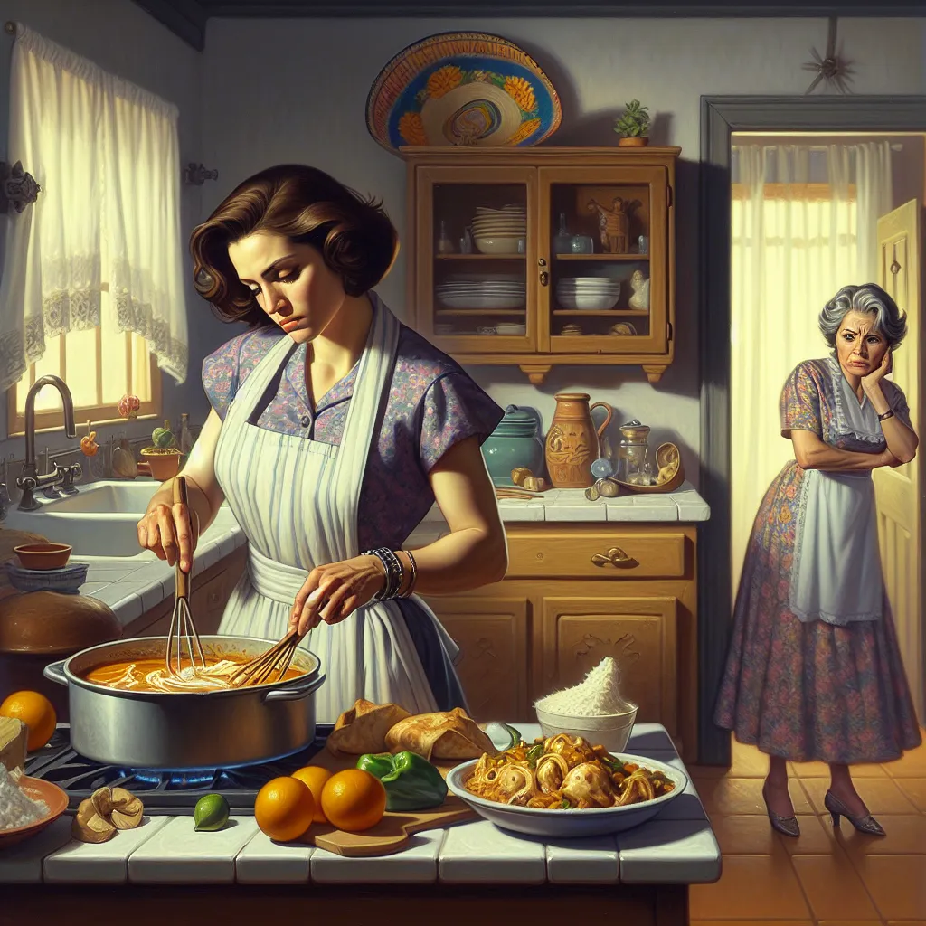 This image will depict a scene in the kitchen, with a woman, now fully transformed into her friend's mom, cooking a delicious Mexican meal with meticulous care. The air is filled with the rich aroma of the food, and the woman appears content and confident in her culinary skills. In the background, her former mother watches with a mix of confusion and sadness, torn between the desire to be a part of the meal and the knowledge that her son is no longer present.