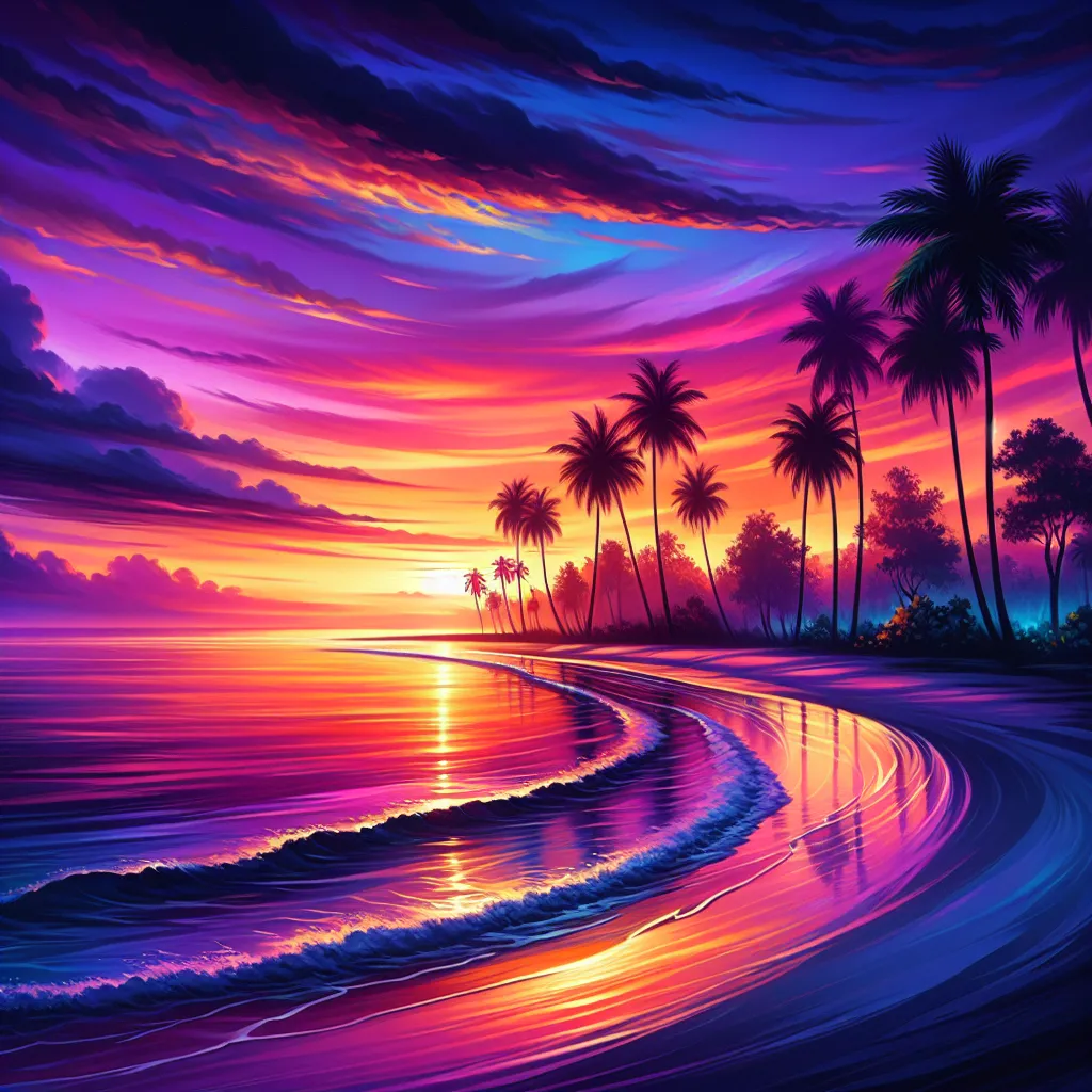 Description: A mesmerizing sunset over a tranquil beach with palm trees and gentle waves lapping against the shore.