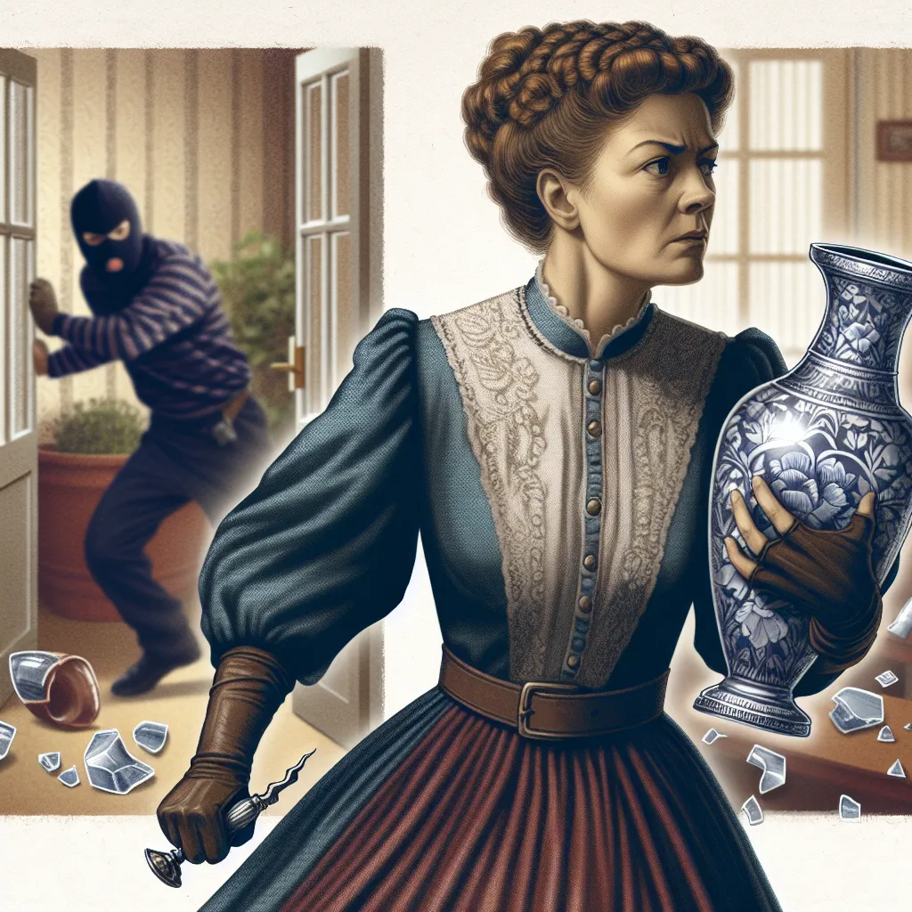 The image accompanying this story could depict a brave woman in an elegant dress, like Caroline, standing in her home with a determined expression, clutching a broken vase as a weapon while the burglars retreat in the background.
