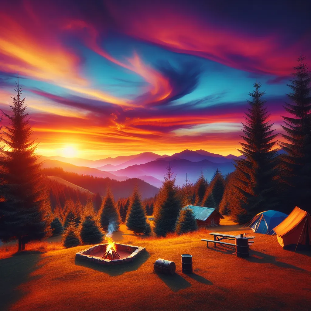 A colorful sunset over a peaceful mountain range, with an inviting camping site nestled in the foreground.