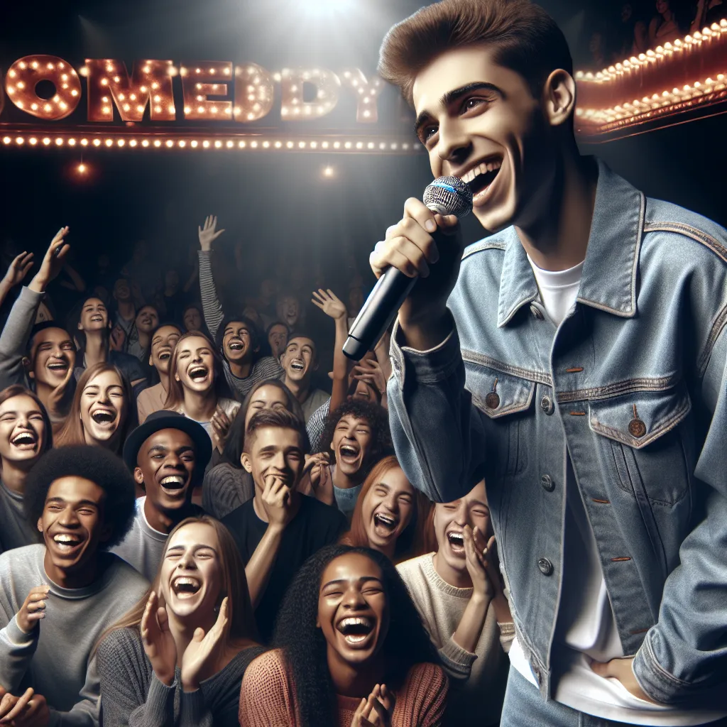 "Fresh Laughs: The Rap Prince Takes on the Comedy Stage" - An image showcasing the hilarious antics of the Rap Prince as he engages in stand-up comedy, with a crowd laughing uproariously in the background.