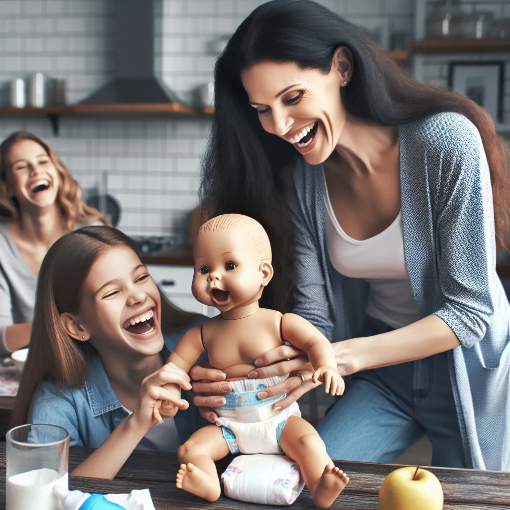 An image of Charo and July in the kitchen, with July wearing a baby diaper and Charo putting it on her. The family is gathered around the table, laughing and teasing July about her diaper.