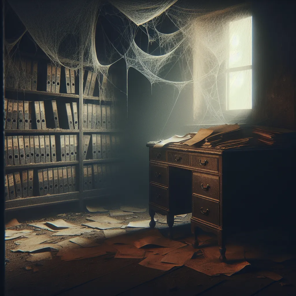 Title: Forgotten Secrets
Genre: Thriller

Description: An eerie image with a dimly lit room containing an old wooden desk covered in dust and forgotten files. The room appears abandoned with cobwebs hanging from the ceiling, creating an atmosphere of mystery and suspense.