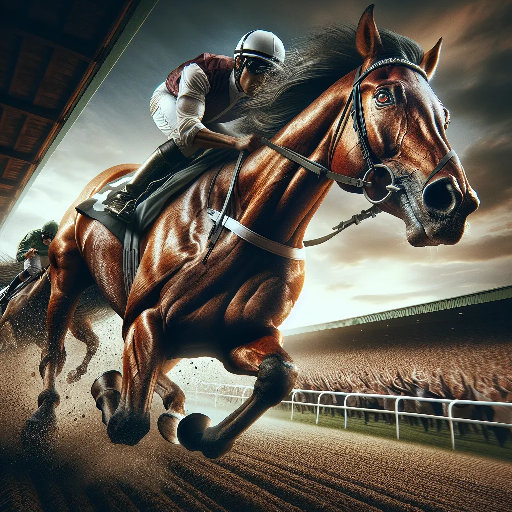 An image of a horse racing down a track, its chestnut fur glistening and muscles strained, as a jockey with a determined expression sits firmly in the saddle. The crowd in the background cheers, and the horse's eyes show a mix of pain and resignation.