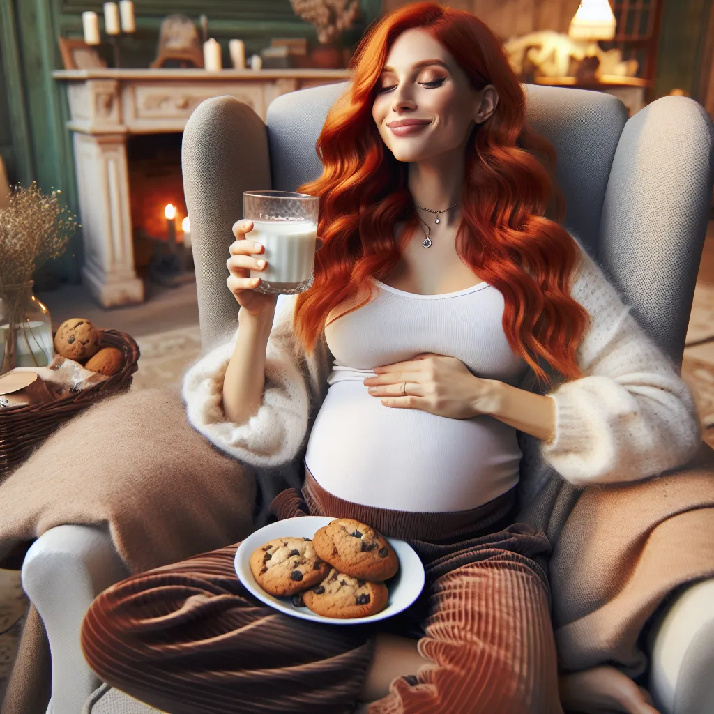 A pregnant woman with flame-red hair sits in an armchair, enjoying a platter of homemade chocolate chip cookies and a glass of milk. Her contentment and the magical connection she feels with her unborn child are evident as she cherishes every moment of her pregnancy. The cookies seem to nourish not only her but also her baby, enhancing their growth and well-being. Surrounded by the love and support of her friends at Foster's Home for Imaginary Friends, she embraces her changing body and the joyo