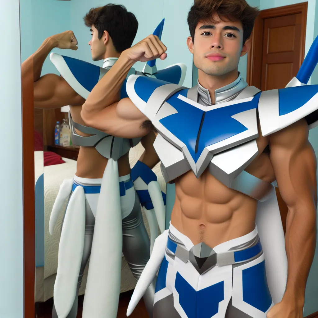 An image of a teenage boy standing in front of a mirror, flexing his newly transformed muscular body, dressed as Baby Vegeta from Dragon Ball GT.