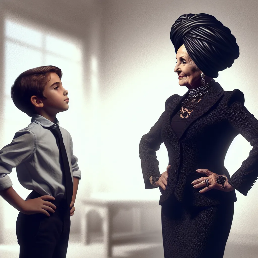 A photo accompanying this story could feature a young boy, James, and an older woman, Patricia, engaged in a conversation. James, transformed into Patricia, stands confidently with hands on her hips, looking fierce. Patricia, with an assertive expression, engages in the conversation while wearing a black turban and a stylish outfit.