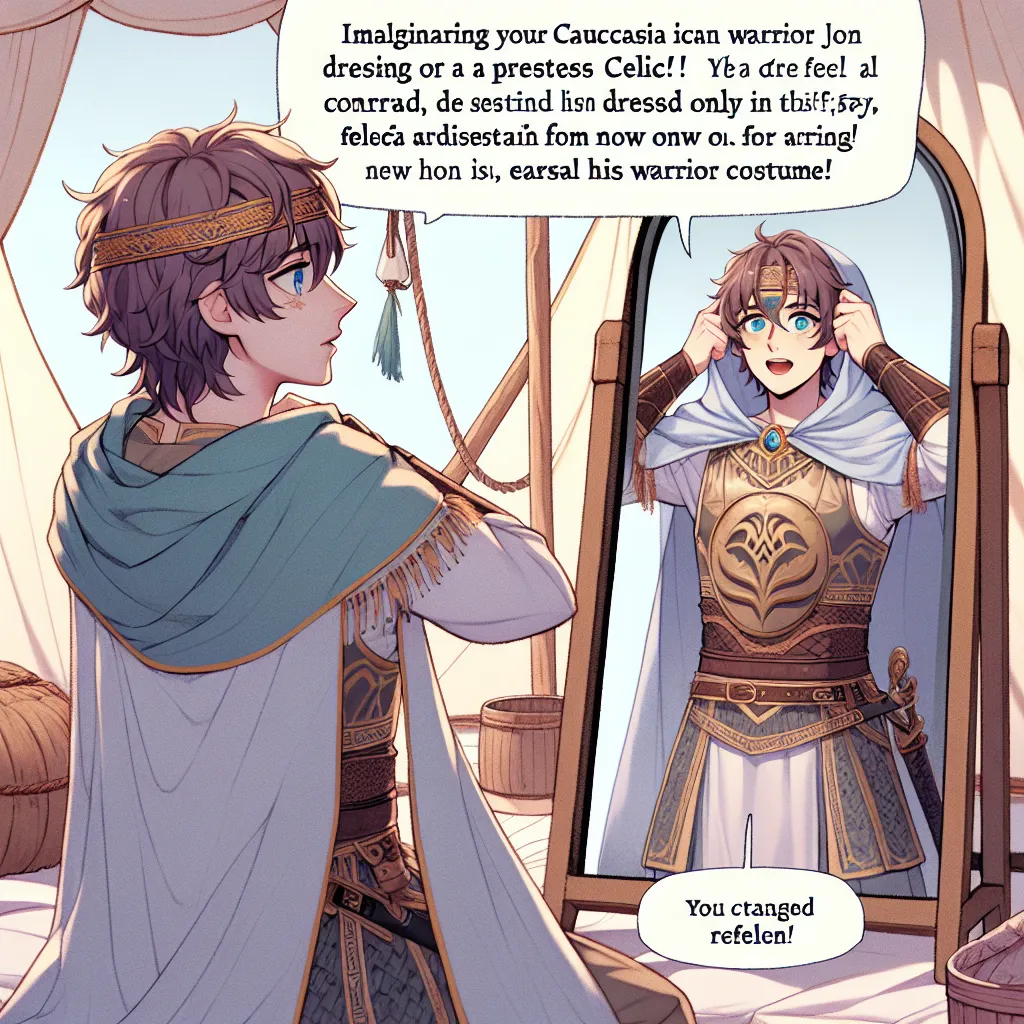 A young warrior, Alm, is shown in his tent as he carefully dresses in the secret attire of a sacred priestess named Celica. As Alm gazes at his transformed reflection in a mirror, he dreams of the arrival of Conrad, Celica's brother. Just as he imagines, Conrad enters the tent, surprised to see Alm in this feminine guise. Conrad's amusement turns into desire, and he instructs Alm to dress only as a priestess, stripping away his warrior identity. Alm's protest is met with a firm command from Conr