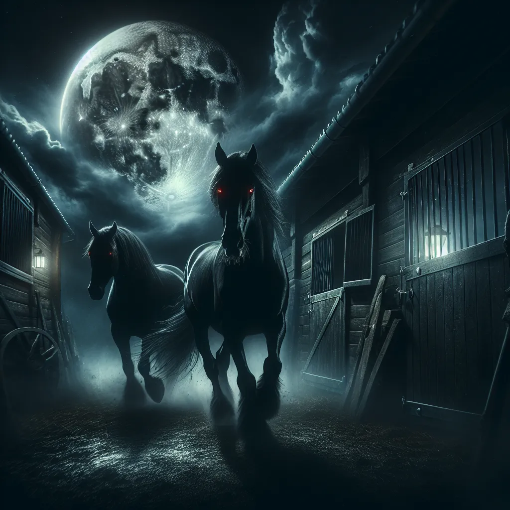 A dark and mysterious image capturing the untamed allure of horses, with the moon casting an eerie glow on the shadowy stable. The image represents the hidden secrets and fears that lie beneath the tranquil exterior of these powerful creatures, teetering on the edge between serenity and chaos. The horses stand in the foreground, their flashing eyes and thunderous hooves hinting at their feral instincts, while the dimly lit stable and night sky create an atmosphere of tension and suspense. A capt