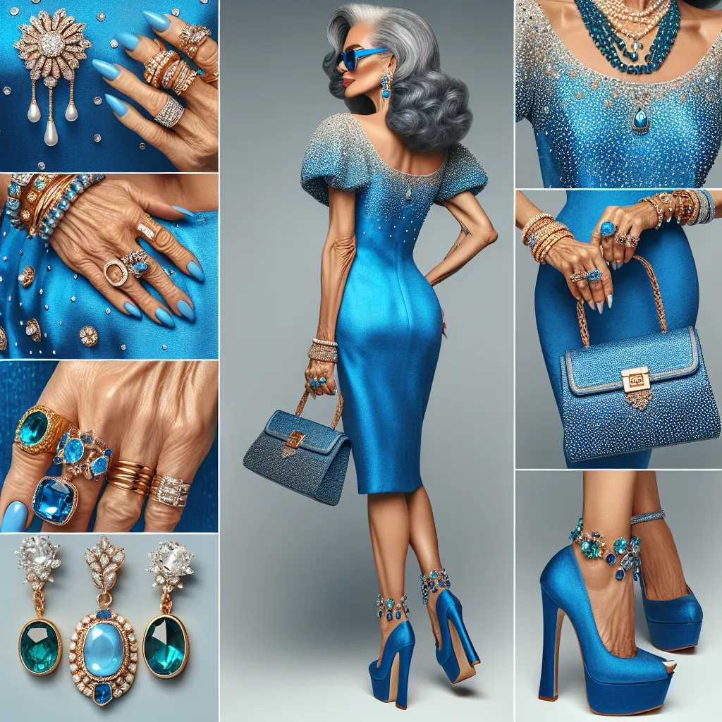 Description: An image of a stylish and sophisticated 72-year-old woman named Margaret Thompson. She is dressed in a bright blue, rhinestone-covered dress, wearing platform sandals in the same vibrant color. Margaret is adorned with beautiful jewelry, including a diamond ring, gold bangle, pearl necklace, sapphire brooch, diamond earrings, emerald anklet, and a wedding ring. She carries an elegant purse over her shoulder, exuding confidence and grace.