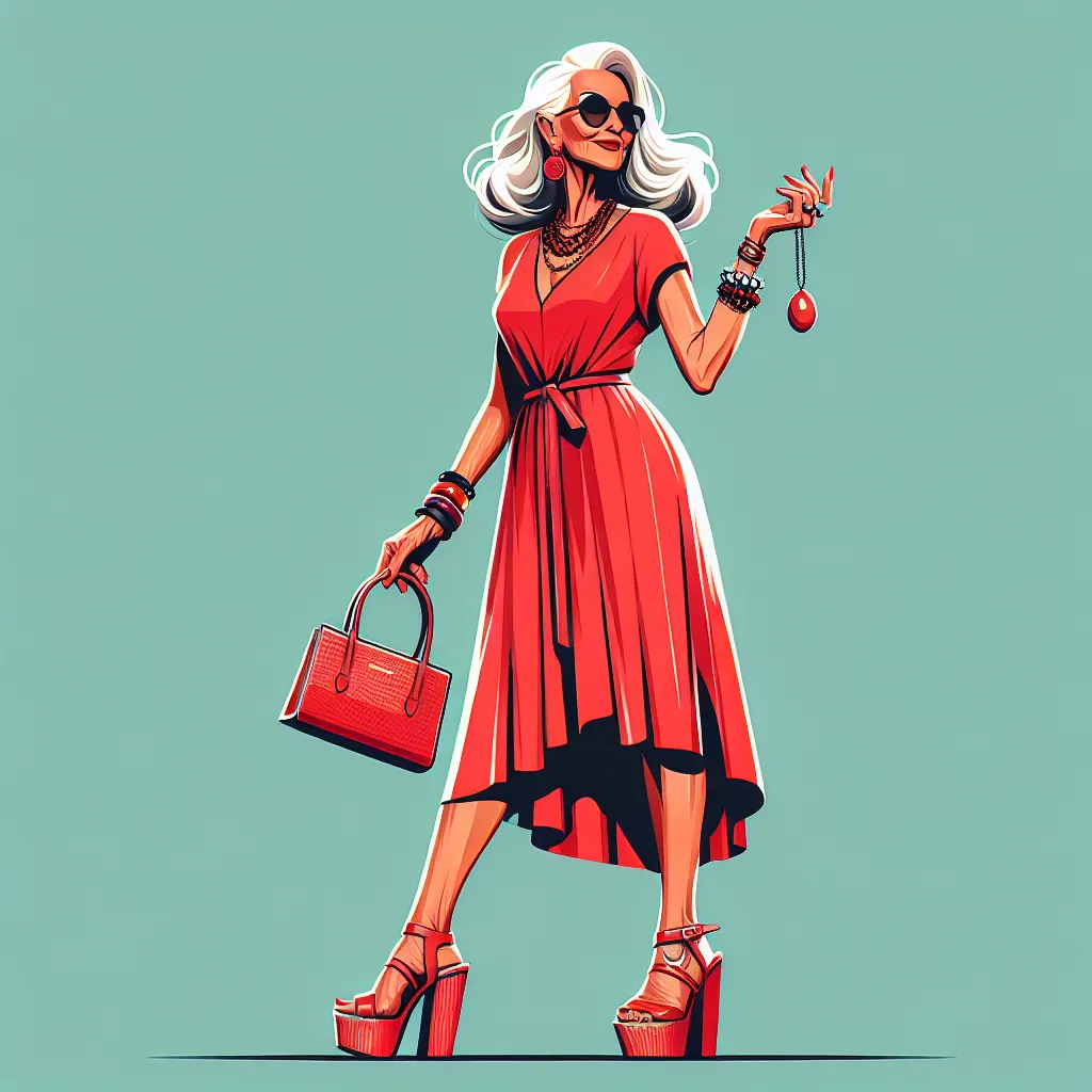 A vibrant image of a confident elderly lady named Edith wearing a bright red dress, stylish platform sandals, and accessorized with expensive jewelry and a designer purse.