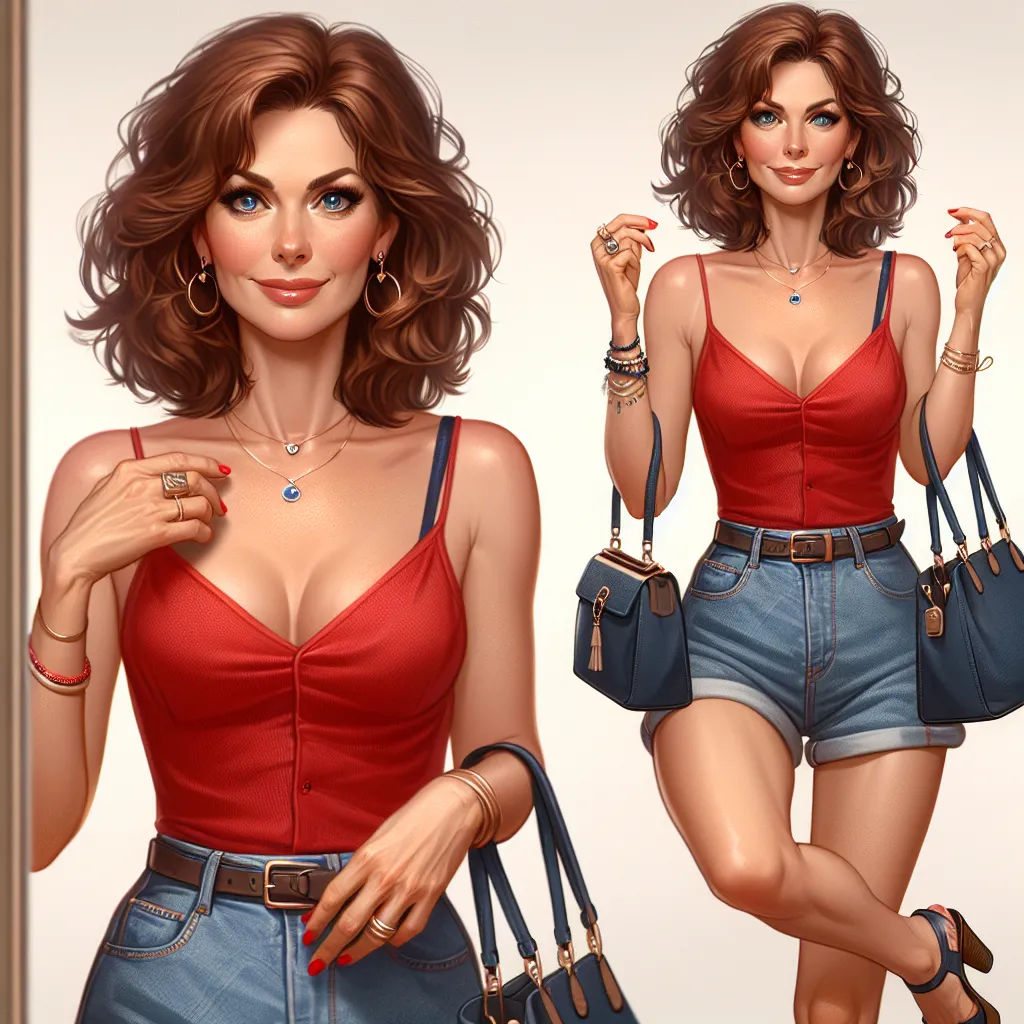 Description: An image of a middle-aged woman in a bright red tank top, high-waisted denim shorts, and platform sandals. She is holding a navy blue leather shoulder bag and adjusting the straps on her sandals. The woman has auburn wavy hair, blue eyes, and is wearing several pieces of jewelry, including a wedding ring, bracelet, earrings, and a necklace. She is looking at herself in the mirror, touching up her makeup, and smirking.