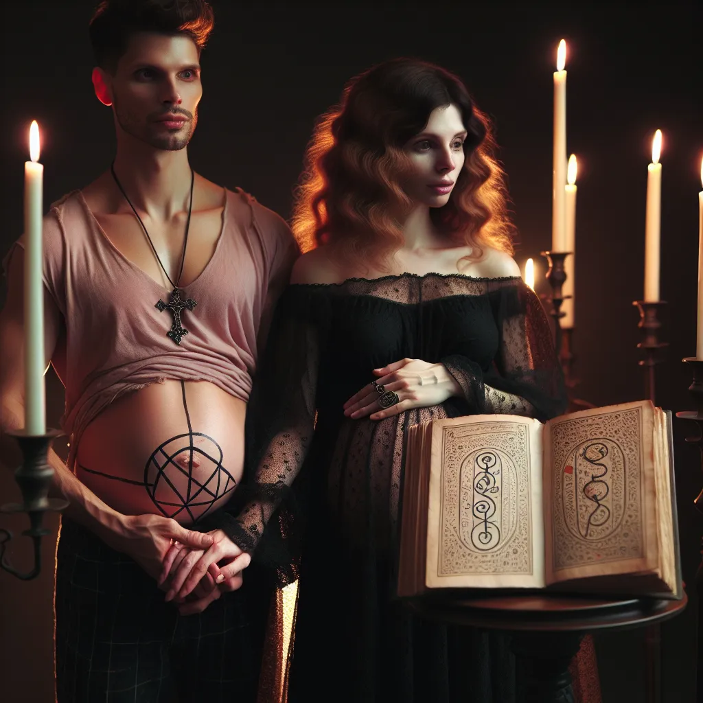 A man named Henry, transformed into a pregnant woman, stands with his best friend Eliza in a dimly lit, candlelit room. Their hands are joined, and a book filled with arcane symbols rests on a pedestal before them.