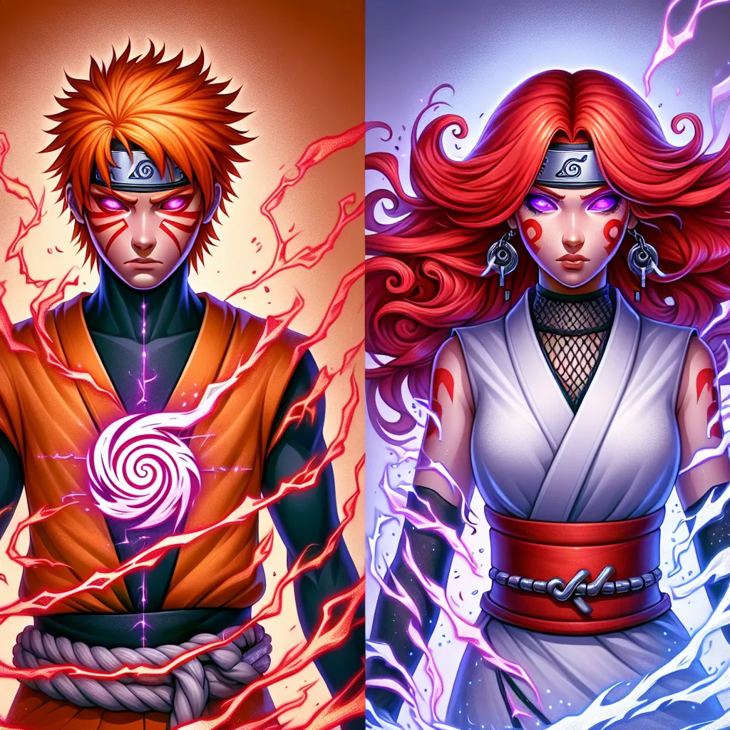 A haunting image depicting the transformation of Naruto Uzumaki into Narumi Uzumaki, a courageous and fierce kunoichi with fiery red hair, determined violet eyes, and the unmistakable chakra chains of the Uzumaki clan.