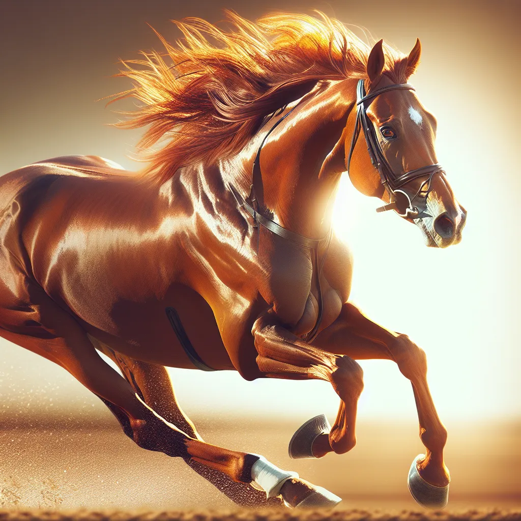 An image of a spirited chestnut filly racehorse, with its chestnut fur glistening under the sun. The horse's face has transformed into an elongated muzzle, and its powerful legs and barrel chest indicate its strength and speed. The image captures the confusion and muscle memory of the horse, as well as the sensation of its itchy mane. A jockey's saddle is seen on the horse's back, with sharp spurs digging into its sides. The horse rears up in pain, but is urged forward by the commands of the joc