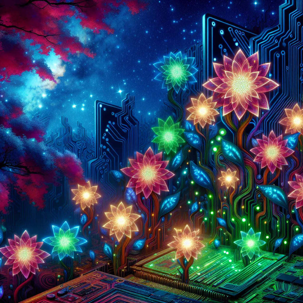 "A surreal and vibrant artwork depicting a whimsical mix of nature and technology, where vibrant flowers bloom from circuit boards against a backdrop of starry skies."