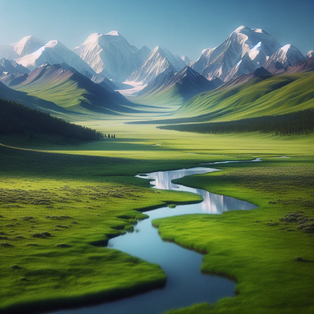 A serene landscape with a lush green meadow stretching towards snow-capped mountains under a clear blue sky. A small, winding river runs through the meadow, reflecting the picturesque scenery.