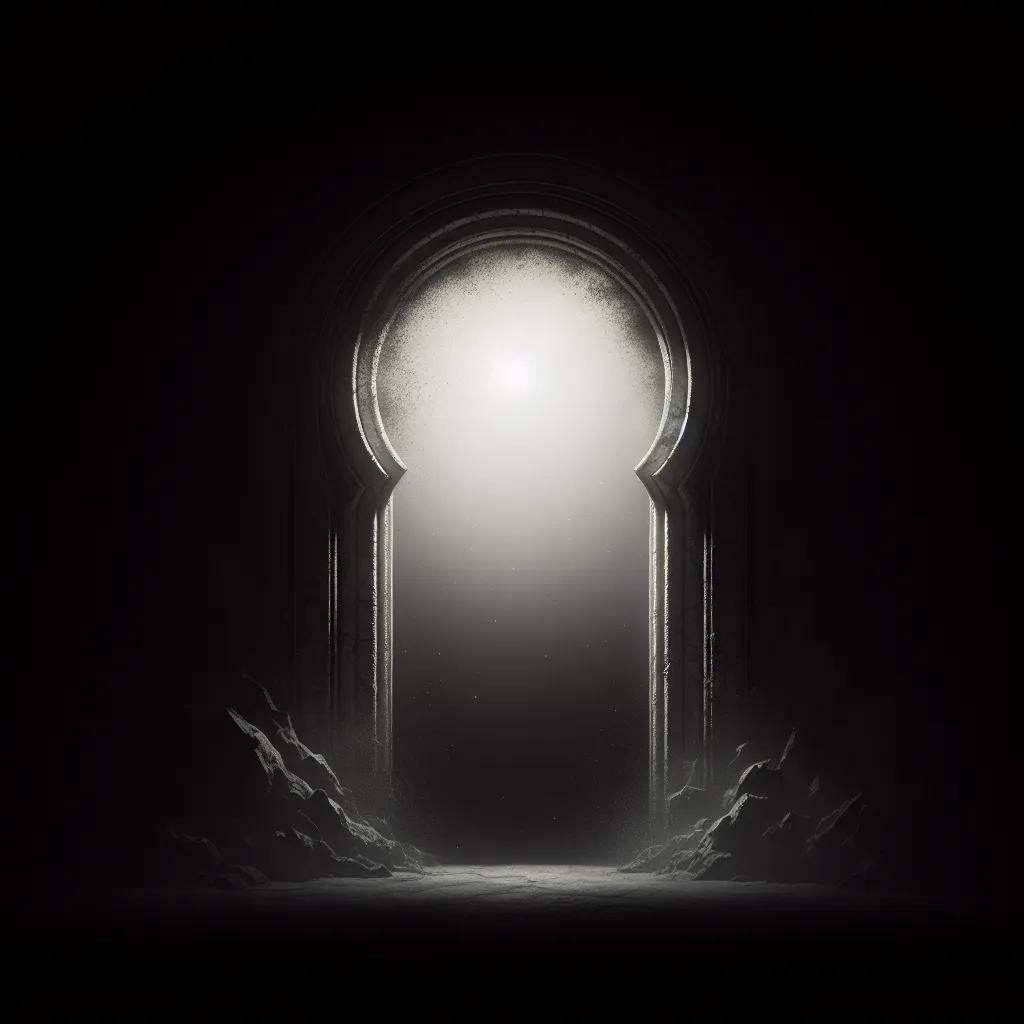 A dark and mysterious doorway with a dim light shining through, hinting at unknown possibilities beyond.