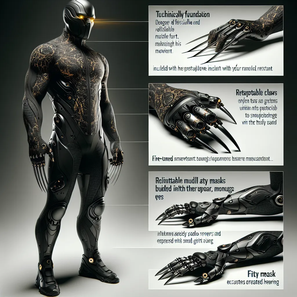 As for my suit, it's designed to complement and enhance my abilities. The base is made of a flexible, durable nanofiber that adapts to my movements, resistant to tears and impacts. The suit is a sleek, matte black, with subtle patterns of golden fur-like designs running along the sides, inspired by a cougar’s natural camouflage. It has built-in retractable claws on the gloves and boots that align with my own. The suit's mask covers my face, leaving only my golden eyes visible through specially d
