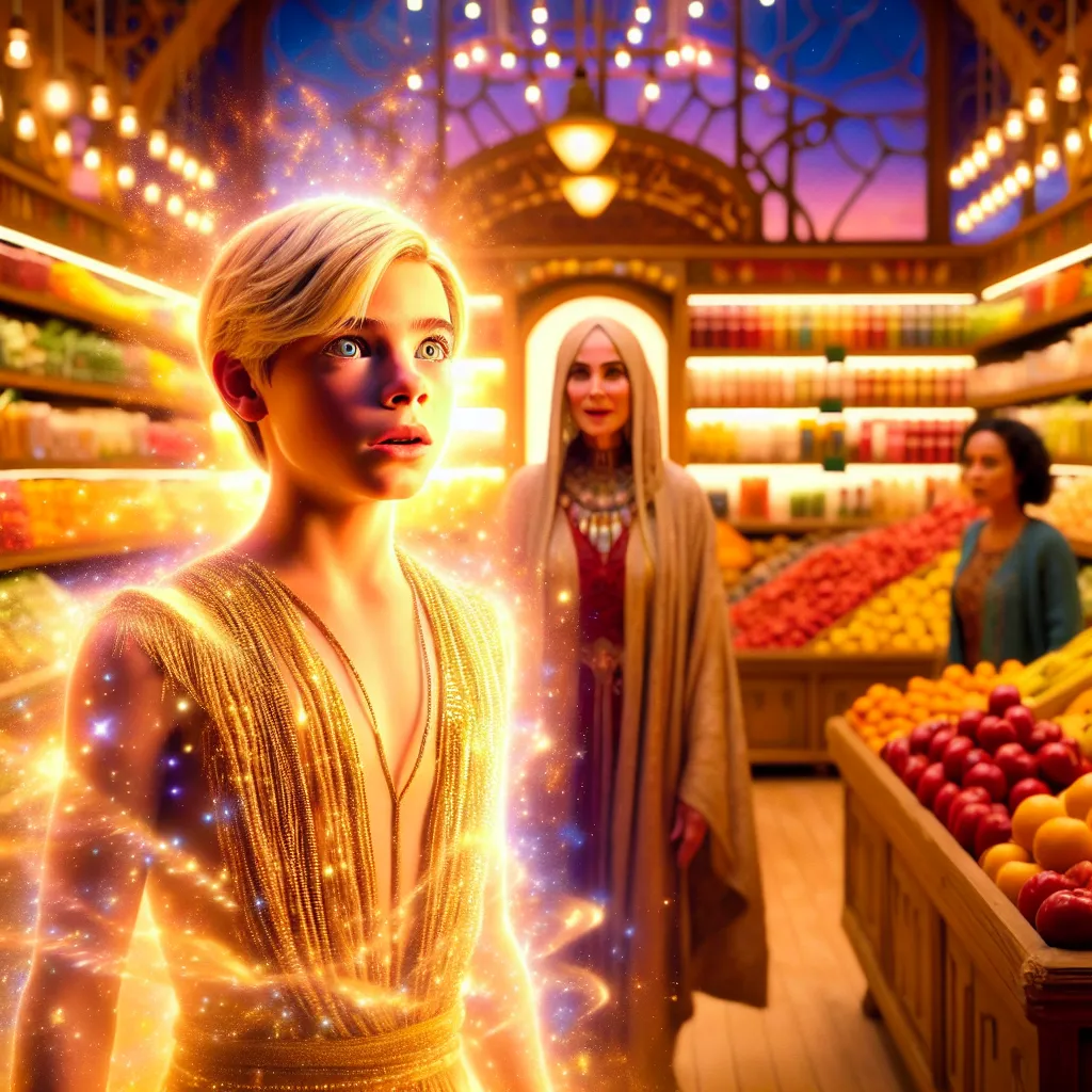 A young blonde boy named Charlie Carter swaps bodies with Egyptian woman Fatima Al-Rashid in a magical grocery store encounter. As they adapt to their new lives, memories blur and identities shift, creating a unique family dynamic. The image could capture the transformative moment in the store, where Charlie begins to embody Fatima's appearance and characteristics.