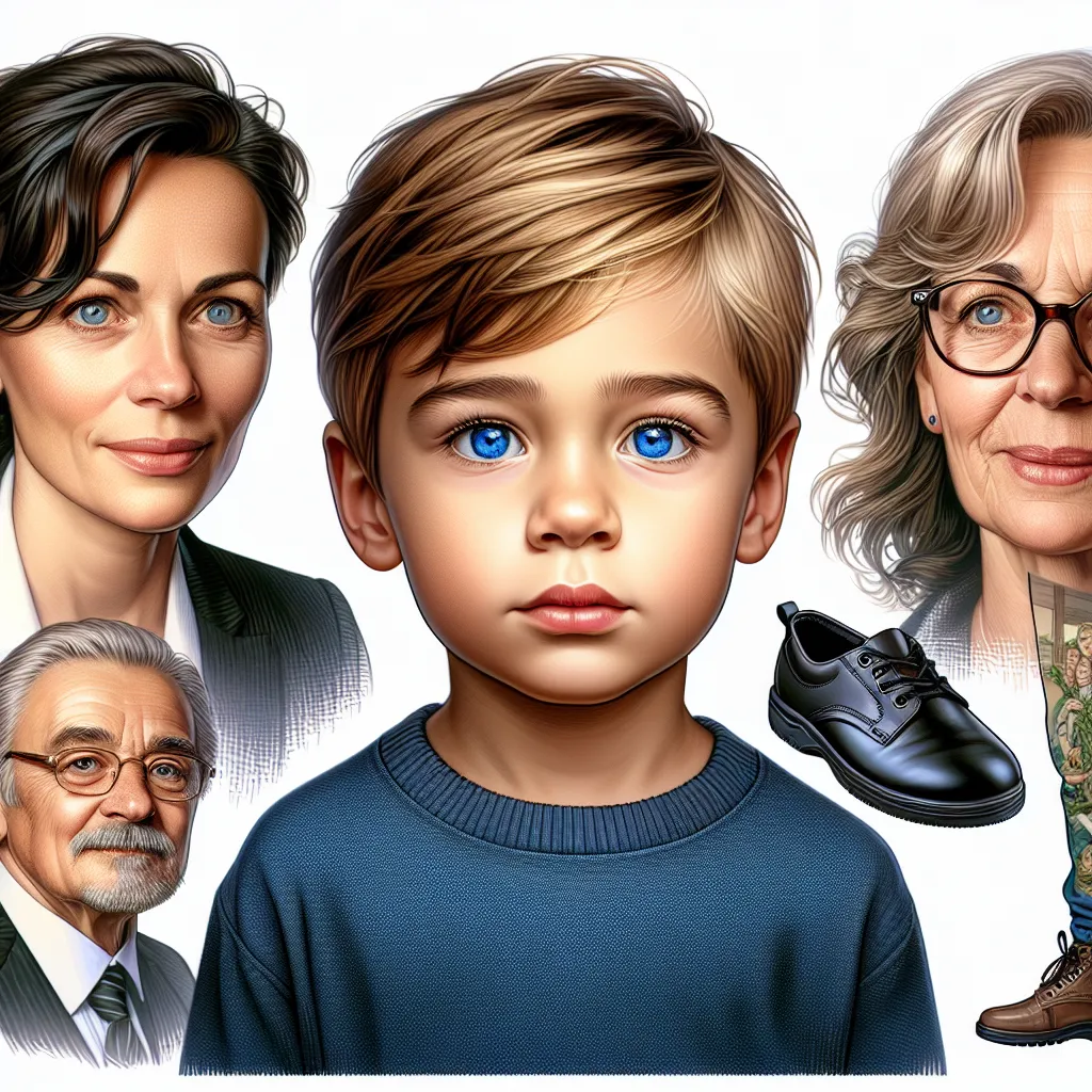 A digital image representing a 6-year-old boy named Lucas and his family, including his mother Natalie, aunt Christine, and grandmother Ellen. The image captures the diverse appearances of the family members, such as Lucas's blue eyes, blonde hair, and Natalie's hazel eyes and dark brown hair. It also depicts Ellen wearing a lacy sleep outfit and a pair of platform sandals, highlighting her individual style and personality. The image portrays a mix of emotions, from Lucas's initial confusion and