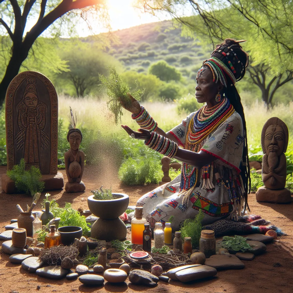 A traditional healer performing a cleansing ritual in South Africa, surrounded by herbs and spiritual symbols.