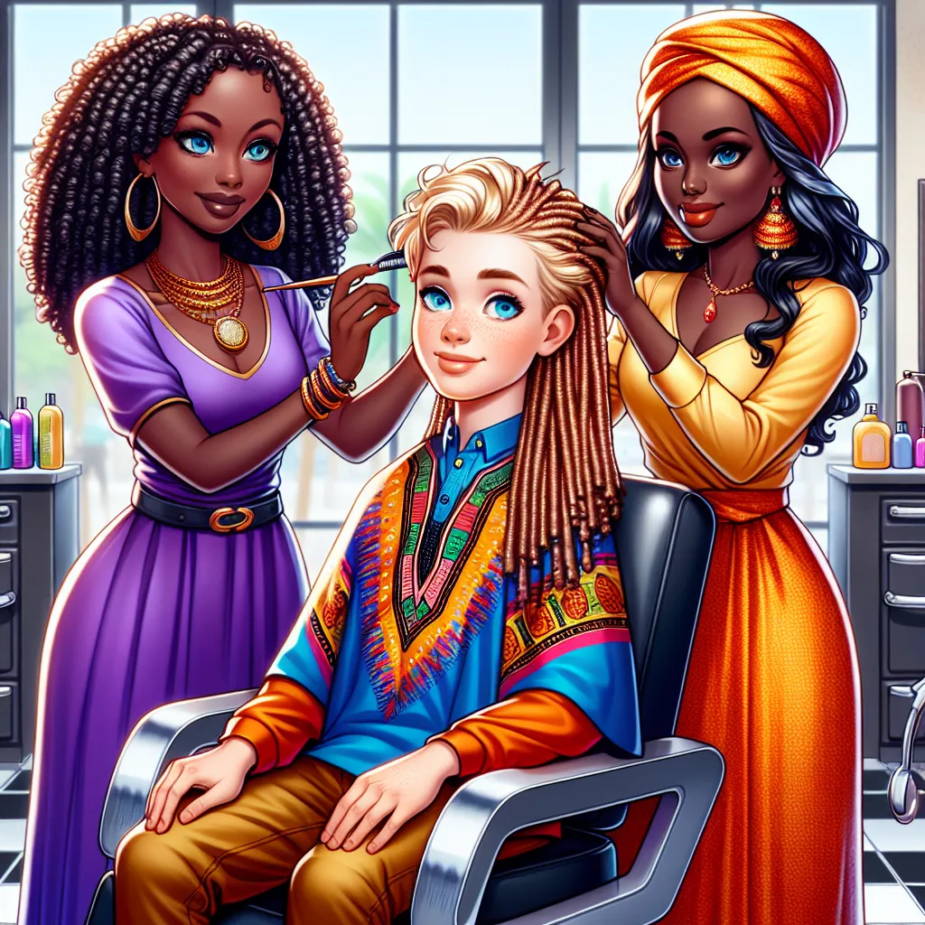 The image accompanying this story could depict a young boy and a group of three women in a salon. The boy, Caleb, could be shown sitting in a salon chair while the women, Janet, Pam, and Loretta, work around him. Caleb's appearance gradually transforms into that of Janet, the oldest woman in the salon. The image could also include various details mentioned in the story, such as Caleb's blonde hair and blue eyes, Janet's locs and vibrant attire, and the salon environment.