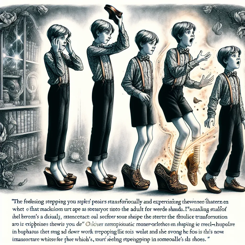 An illustrated rendition of a young boy, Oliver, transforming into his great-aunt, Veronica, after stepping into her high-heeled wedge sandals. The image depicts the gradual metamorphosis of Oliver's appearance and clothing, including detailed transformations of his feet, legs, torso, arms, hands, and face into that of an adult woman. The scene captures moments of shock, panic, and realization as Oliver navigates his new form and experiences the world through Veronica's eyes.
