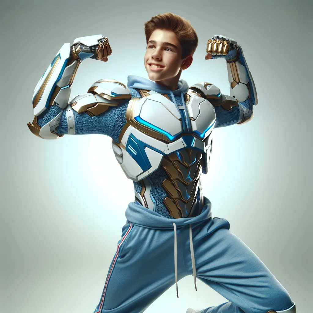 An image of a teenage boy, appearing confident and empowered, with a muscular body resembling that of Baby Vegeta from Dragon Ball GT. He is wearing Baby Vegeta's blue and white armor, with golden shoulder pads gleaming. The boy is striking a pose, showcasing his sculpted abs and biceps, radiating excitement and joy.