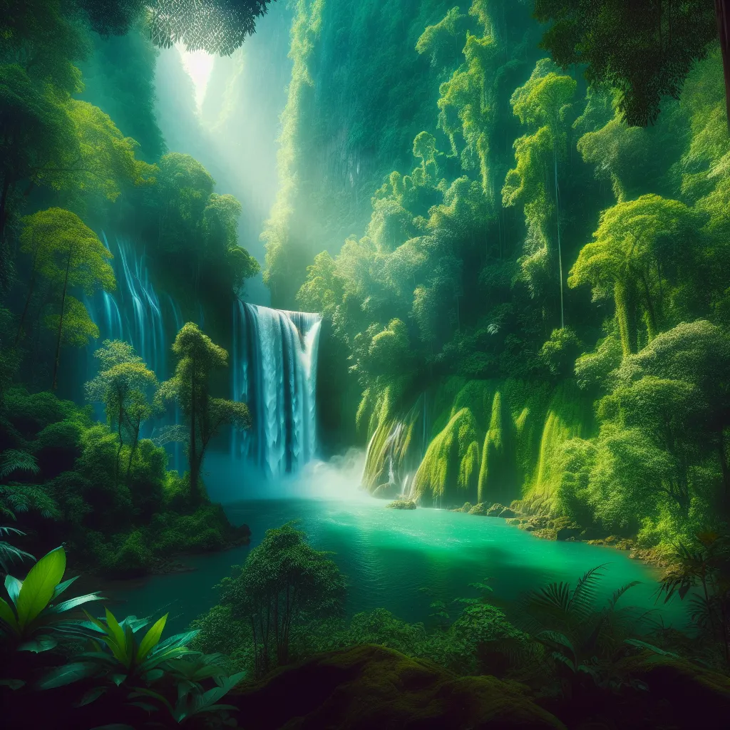 A majestic waterfall cascades down lush green cliffs into a serene pool of turquoise water, surrounded by vibrant rainforest foliage. The sunlight filters through the mist, creating a magical and tranquil atmosphere.