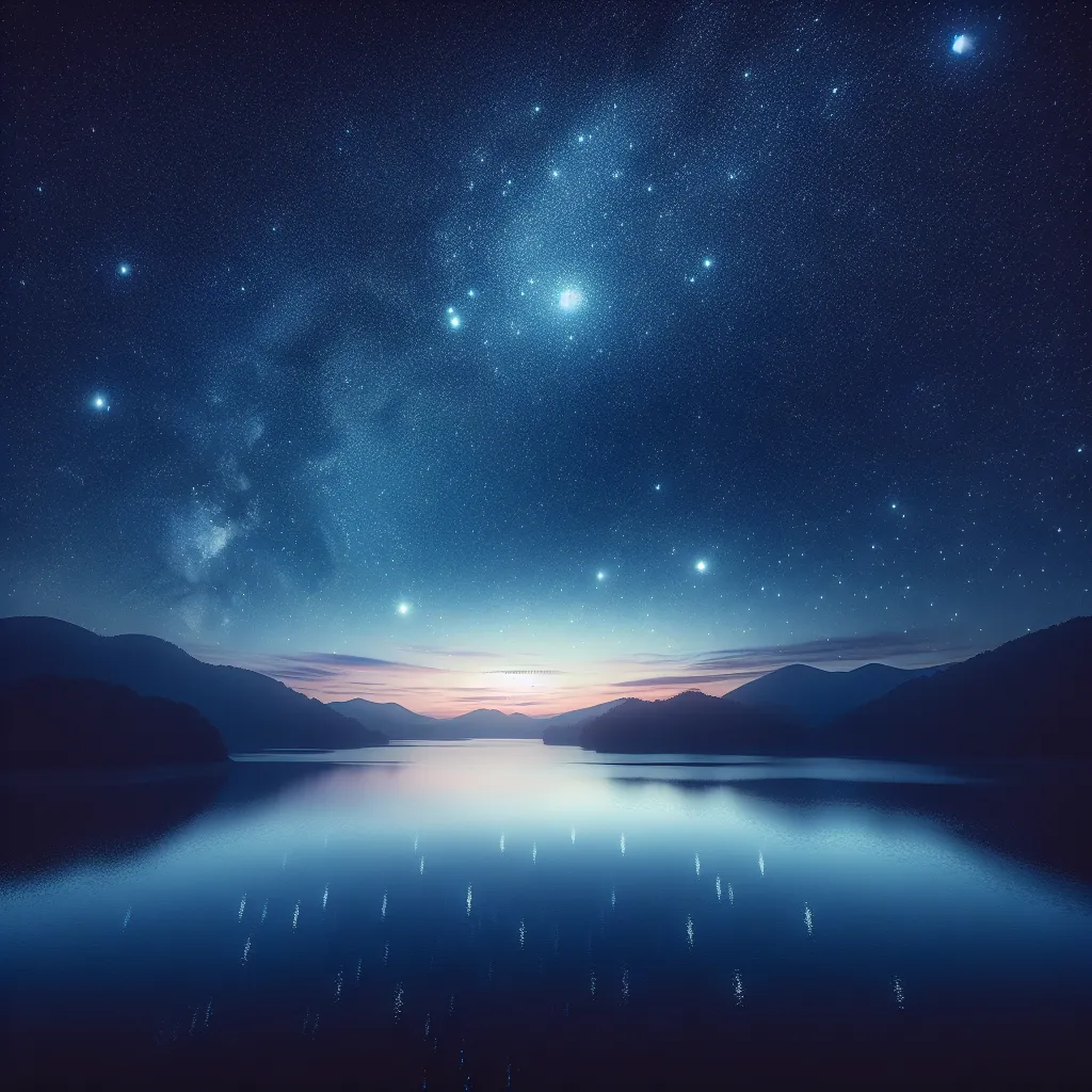 A stunning starry night sky over a peaceful, tranquil lake surrounded by gentle rolling hills.