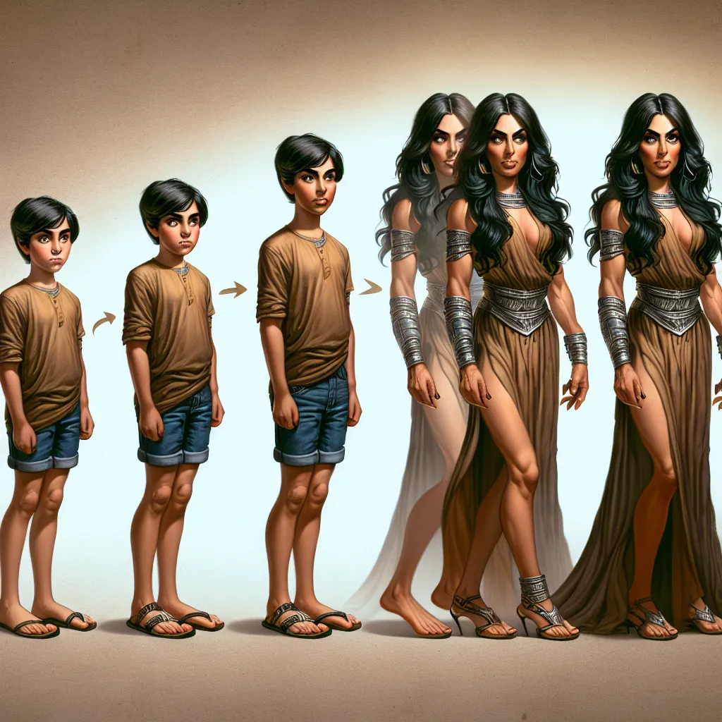 An image of a young boy transforming into his stern and unapproachable stepmother, Bella. The image depicts the boy wearing his stepmother's sandals and gradually changing into a grown woman with long black hair, bronzed skin, and a commanding posture.