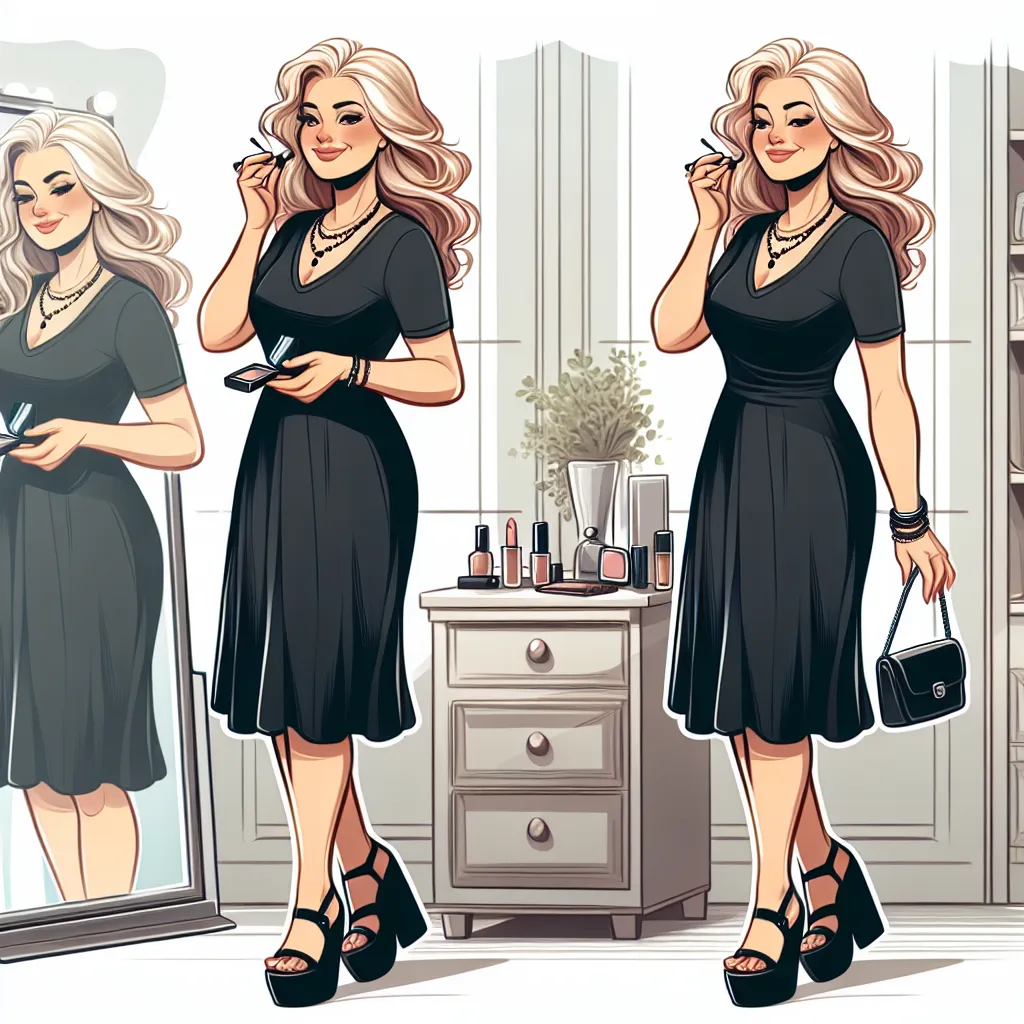 The description for the image accompanying this story is: "An image depicting a middle-aged woman named Lisa Johnson, with blonde hair styled in loose waves, wearing a black mini dress, platform sandals, and several pieces of jewelry. She stands in front of a vanity mirror, touching up her makeup with a confident and contented expression on her face."