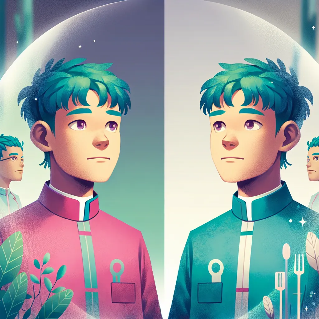 The image will feature two identical twin characters, one in a pink Duel Academy uniform and the other in a blue one, standing facing each other with a mirror in between them. The character in the pink uniform will have green hair styled in ponytails with pink ribbons, while the character in the blue uniform will have messy blue-green ponytail. Their expressions will convey a mix of confusion, sadness, and uncertainty, reflecting the emotional complexity of their situation as described in the st