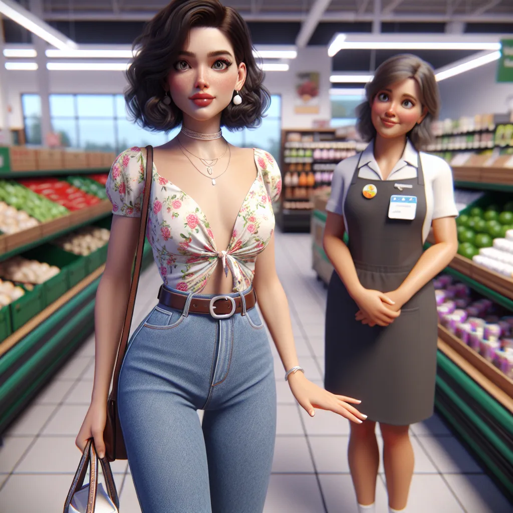 An image of a young girl, now transformed into Darcy, standing confidently and stylishly in her floral blouse, blue jeans, and single-strap white sandals, with a bold, put-together look. She holds a purse and smiles nervously as she interacts with a shy but courteous grocery store employee.