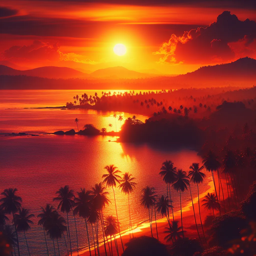 A vibrant and serene sunset over a coastal landscape, casting a warm glow on a calm sea and silhouetting a group of palm trees along the sandy beach.