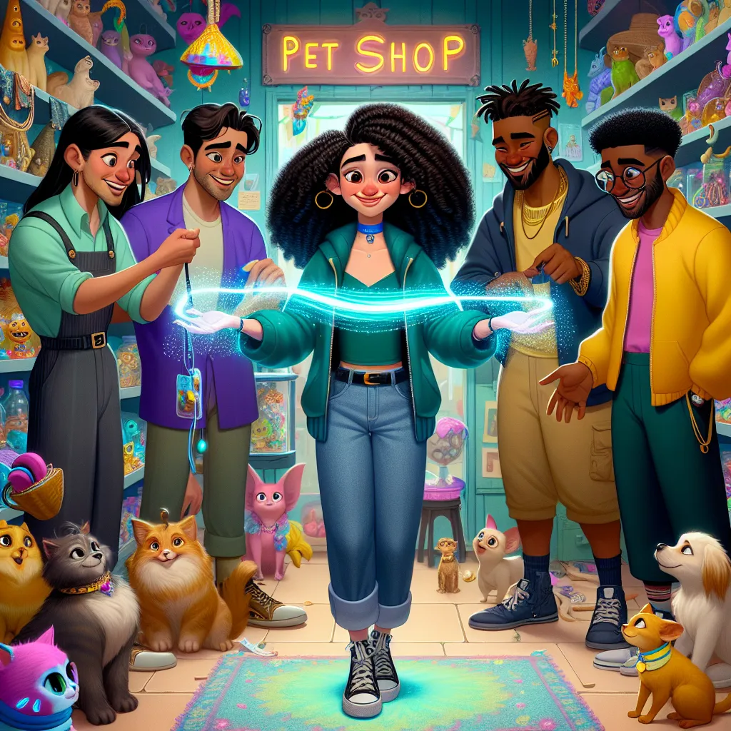 A whimsical scene at Little’s Pet Shop where Edie uses a device to swap bodies with her friends, experiencing their unique traits and exuberant reactions.