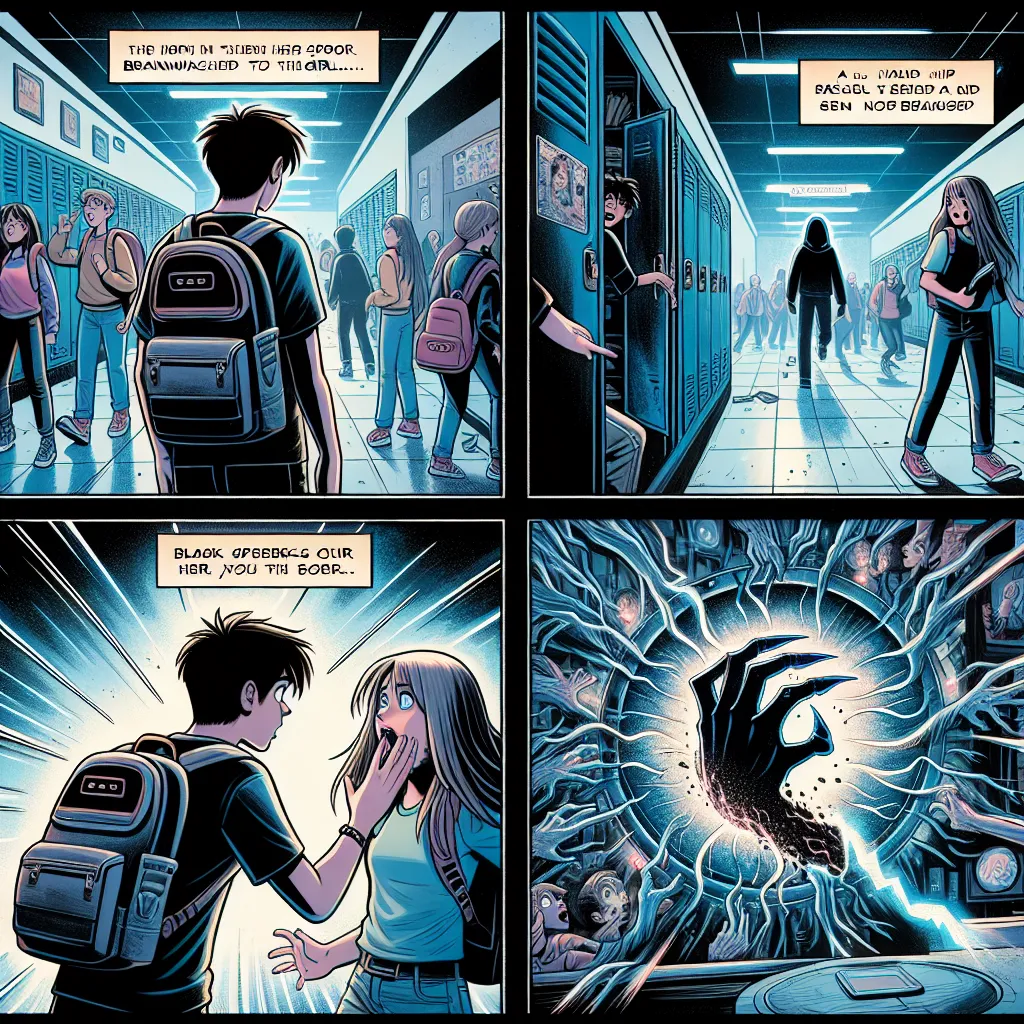 In the image, Angel Quinteros, a teenage boy with a backpack, races through a crowded high school hallway. He spots Gwen, a girl with long hair, talking to Josie near her locker. Suddenly, a dark portal opens beside Gwen, and she is pulled inside by a clawed hand. Angel shouts her name, but it's too late. Students panic as Angel activates the Omnitrix on his wrist to transform into XLR8. He races to find privacy and reverts back, determined to save Gwen. He receives a message from Izzy, who info