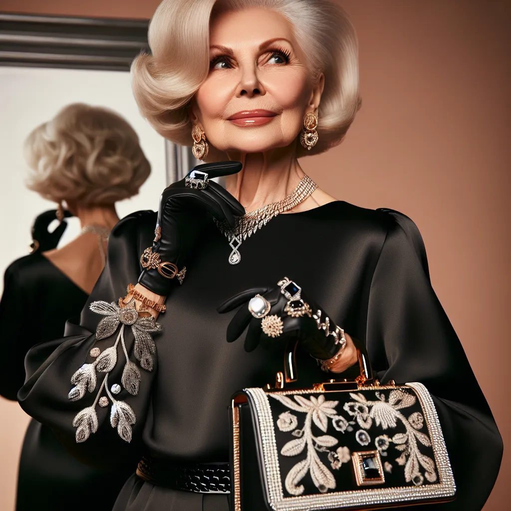 An elderly woman named Evelyn, dressed in a chic black dress and matching platform sandals, holds a high-end designer purse adorned with elegant silver embroidery. She wears expensive jewelry, including a diamond necklace, gold hoop earrings, and a sapphire ring. Her styled blonde hair frames her face, and she confidently gazes at herself in a mirror.