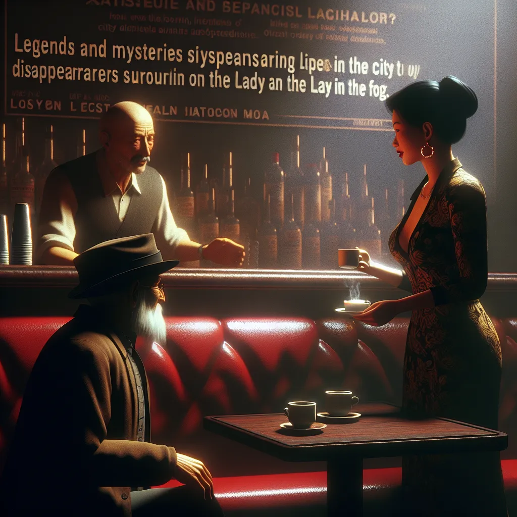 An image of a dimly lit nightclub bar at late morning, with a club owner named Maya Zelenko standing behind the bar, tapping an empty espresso cup. A local historian named Mr. Dobrev enters the club, and they have a conversation in a red leather booth about legends and mysteries surrounding disappearances in the city, particularly focusing on the Lady in the Fog. The image captures the intimate and mysterious atmosphere of their discussion, with shadows and light playing a prominent role in the 