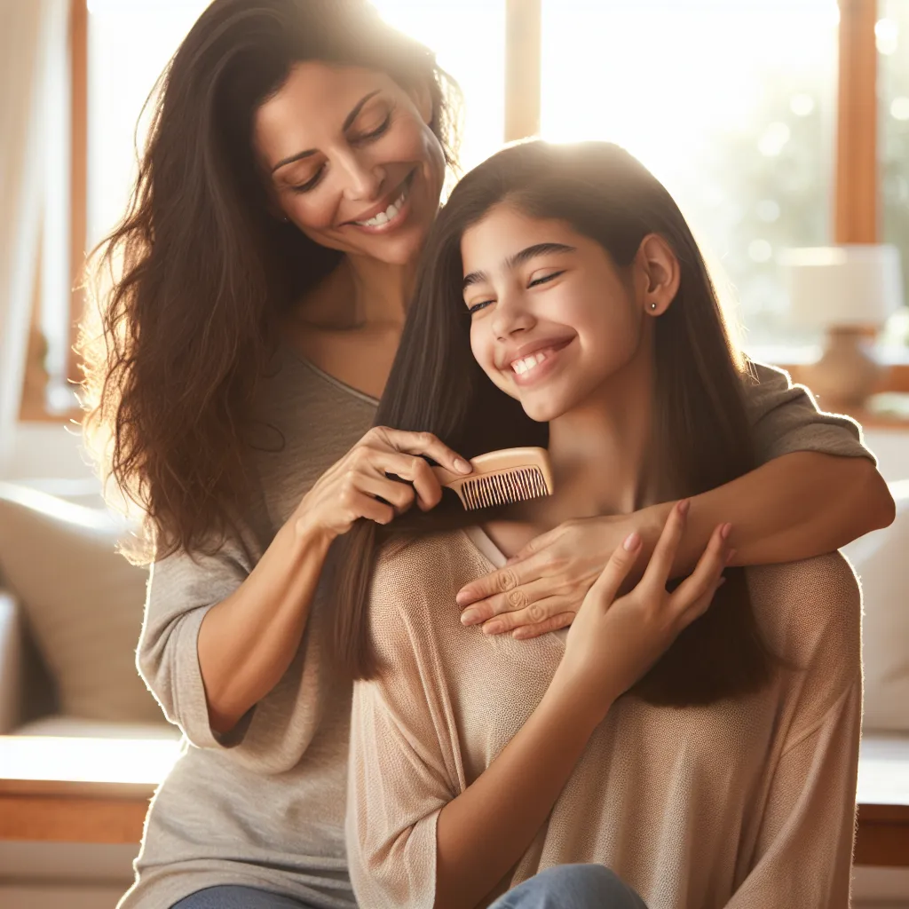 A heartwarming image of Rosa, a loving mother, tending to her daughter Maria with affection and joy.